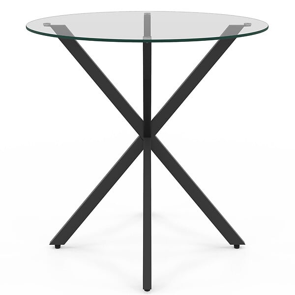 ID MARKET - Table à manger ronde ALIX 4 personnes pied araignée noir et plateau verre 80 cm - large