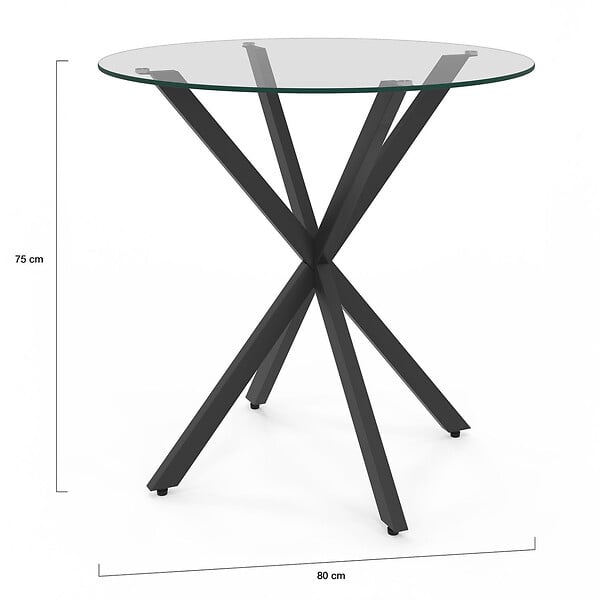 ID MARKET - Table à manger ronde ALIX 4 personnes pied araignée noir et plateau verre 80 cm - large