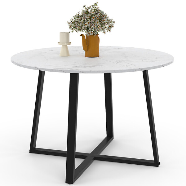 ID MARKET - Table à manger fixe ronde SELMA 4-6 personnes plateau effet marbre blanc ALASKA et noir 110 cm - large