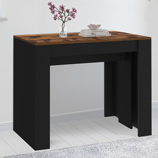 ID MARKET - Table console extensible ORLANDO 10 personnes 235 cm bois effet vieilli et noir - large