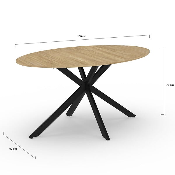 ID MARKET - Table à manger ovale ALIX 8 personnes pied araignée bois et noir 150 cm - large
