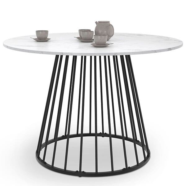 ID MARKET - Table à manger ronde YUNA 6 personnes pied filaire en métal noir et plateau effet marbre blanc ALASKA 110 cm - large