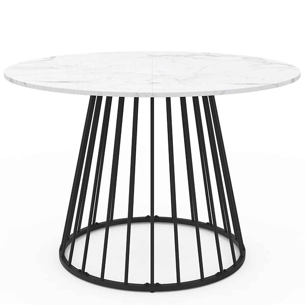 ID MARKET - Table à manger ronde YUNA 6 personnes pied filaire en métal noir et plateau effet marbre blanc ALASKA 110 cm - large