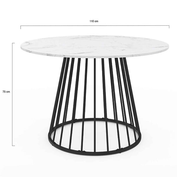 ID MARKET - Table à manger ronde YUNA 6 personnes pied filaire en métal noir et plateau effet marbre blanc ALASKA 110 cm - large