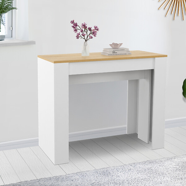 ID MARKET - Table console extensible ORLANDO 14 personnes 300 cm blanc et façon hêtre - large