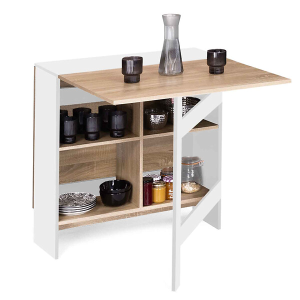 ID MARKET - Table console pliable EDI 2-6 personnes avec rangements bois blanc plateau façon hêtre 150 x 80 cm - large