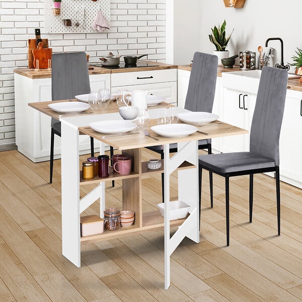 ID MARKET - Table console pliable EDI 2-6 personnes avec rangements bois blanc plateau façon hêtre 150 x 80 cm - large