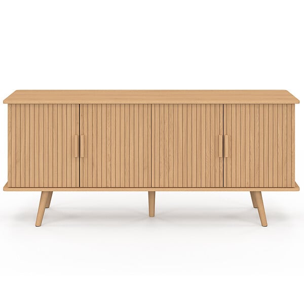ID MARKET - Buffet bas 140 cm JULIETTE 4 portes effet lattes tasseau bois coloris chêne - large
