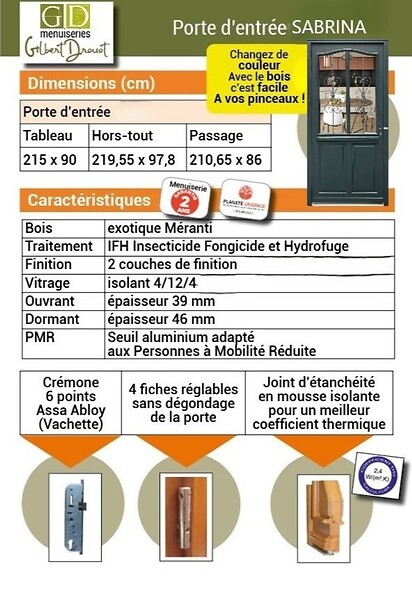 GD MENUISERIES - Porte d'entrée Bois Vitrée Sabrina Gris Anthr., H215 x L90 cm Côte Tableau p.Gauche - large