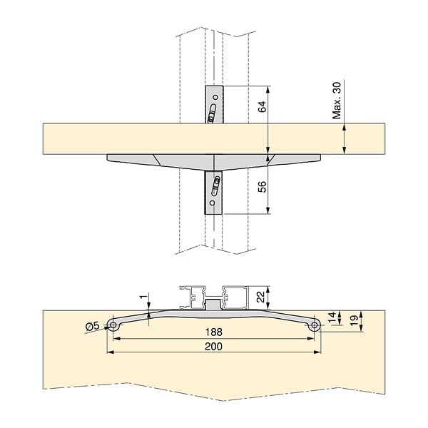 EMUCA - Kit de fixation pour 4 étagères en bois et 1 tringle de suspension de 1m de long Zero, Aluminium et Zamak et Plastique, Peint gris pierre - large