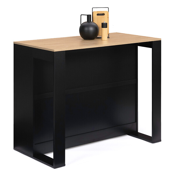ID MARKET - Table de bar îlot JUNO bois noir et plateau façon hêtre - large
