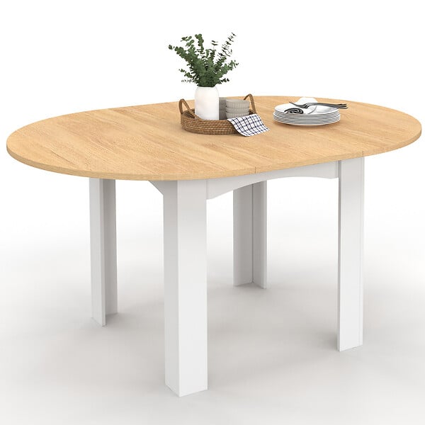 ID MARKET - Table à manger extensible ronde DONA 4-8 personnes blanche plateau façon hêtre 110-150 cm - large