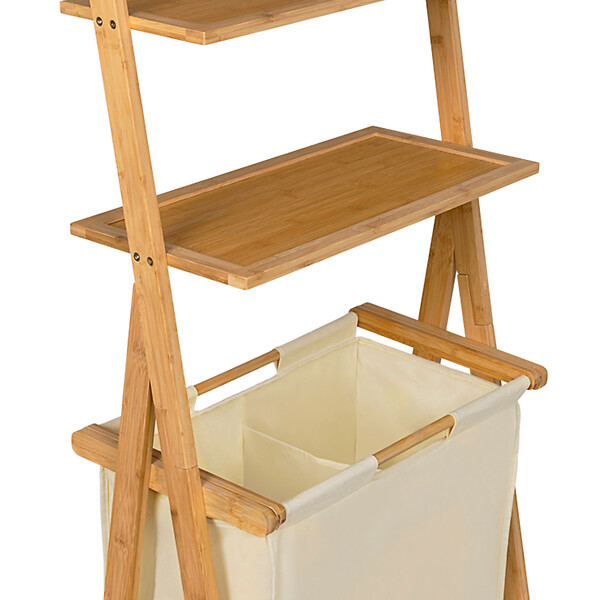ID MARKET - Panier à linge 2 bacs bambou LANA avec étagères tissu écru - large