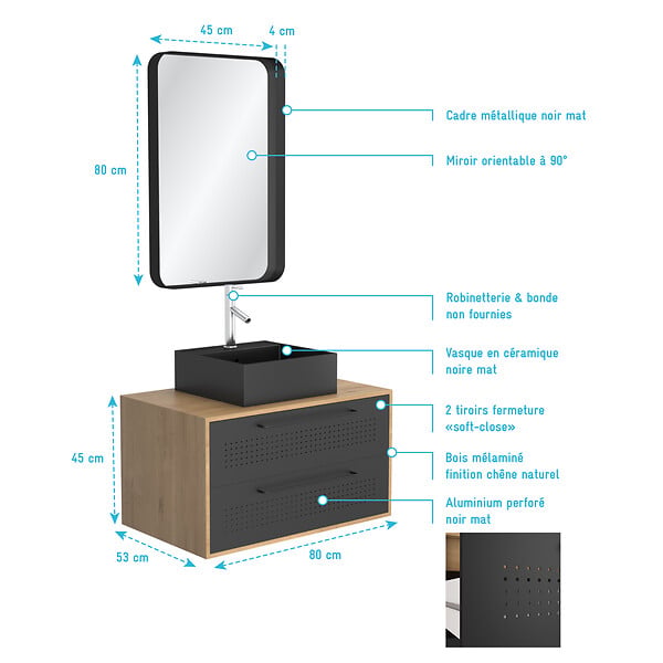 AURLANE - Meuble Salle de Bains 80 cm, Vasque Carrée et Miroir - Chêne naturel et Noir Mat - UBY - large