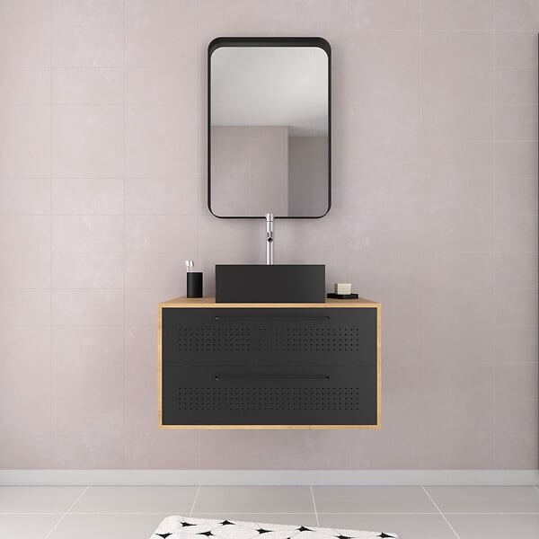AURLANE - Meuble Salle de Bains 80 cm, Vasque Carrée et Miroir - Chêne naturel et Noir Mat - UBY - large