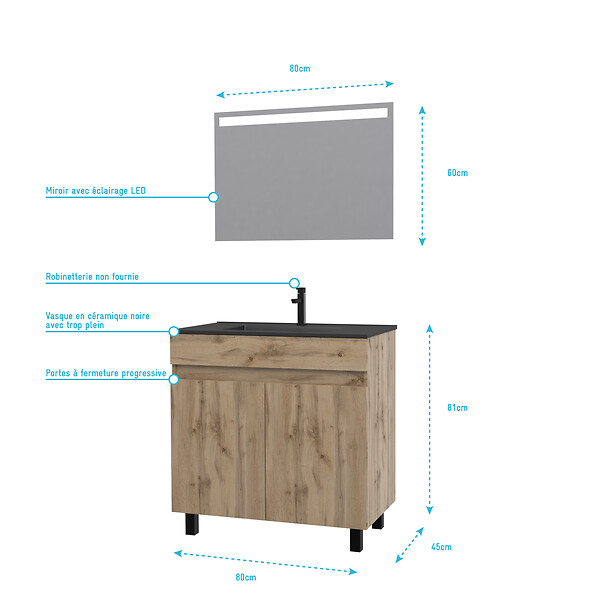 AURLANE - Meuble salle de bain 80x80 - Finition chene naturel + vasque noire + miroir Led - TIMBER 80 - Pack06 - large