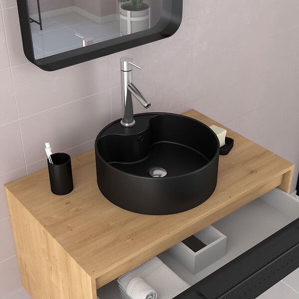 AURLANE - Meuble de Salle de Bains 80 cm avec Vasque Ronde - Finition Chêne naturel et Noir Mat - UBY - large
