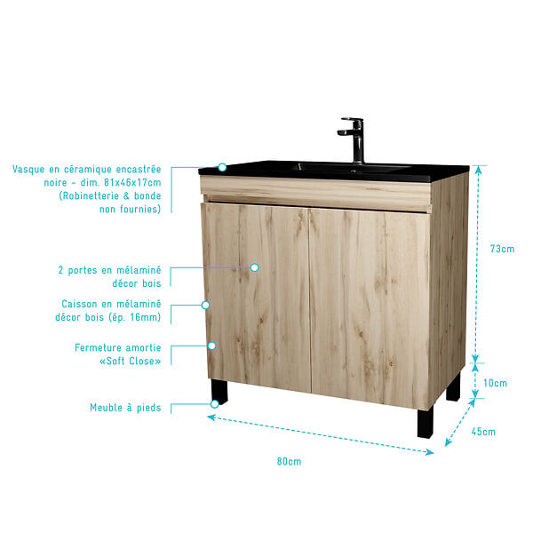 AURLANE - Meuble de salle de bains 80 cm 2 Portes Chêne Naturel + Vasque Céramique Noire - TIMBER - large