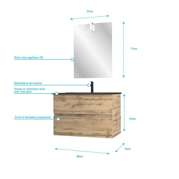 AURLANE - Meuble salle de bain 80x54 - Finition chene naturel + vasque noire + miroir Led - TIMBER 80 - Pack33 - large