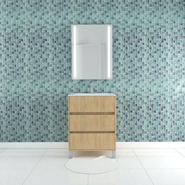 AURLANE - Pack Meuble Salle de Bains 60cm Chêne Clair 3 Tiroirs, Vasque, Miroir 60x80 à Leds intégrées - XENOS - large