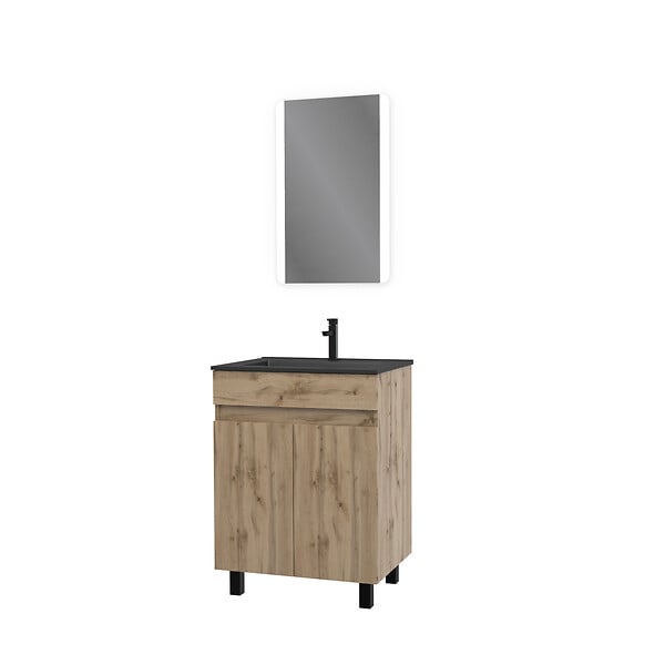 AURLANE - Meuble salle de bain 60x80 - Finition chene naturel - vasque noire + miroir Led - TIMBER 60 - Pack02 - large
