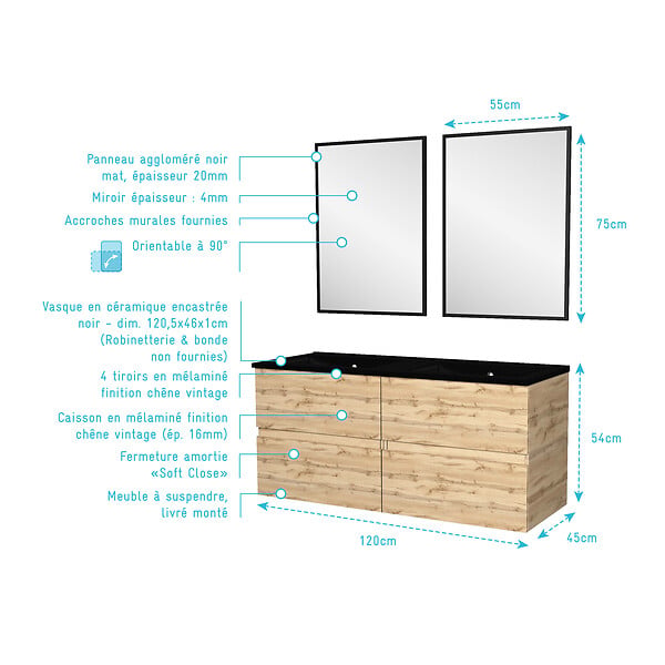 AURLANE - Meuble Salle de Bains 120cm 4 Tiroirs Chêne Naturel + Vasque Noire et Miroirs rectangulaires - large