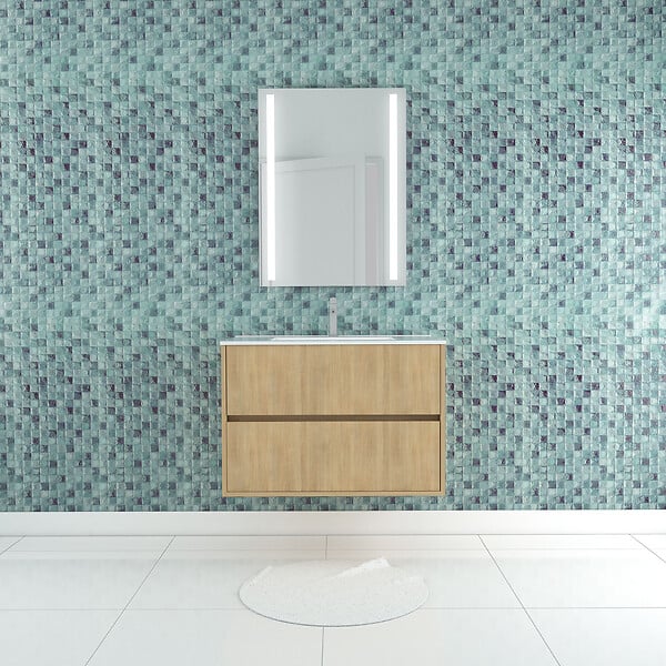 AURLANE - Pack Meuble Salle de Bains 80cm Chêne Clair 2 Tiroirs, Vasque, Miroir 60x80 à Leds intégrées - XENOS - large