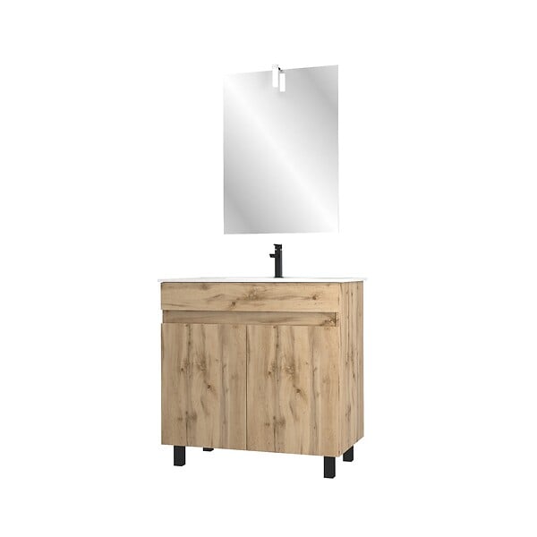 AURLANE - Meuble salle de bain 80x80 -Finition chene naturel + vasque blanche + miroir Led- TIMBER 80 - Pack27 - large