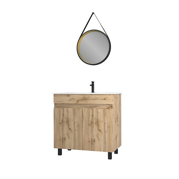 AURLANE - Meuble salle de bain 80x80 -Finition chene naturel + vasque blanche + miroir barber-TIMBER 80-Pack28 - large