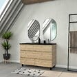 AURLANE - Meuble Salle de Bains 120cm 6 Tiroirs Chêne Naturel + Vasque Noire et Miroirs Ovales - vignette