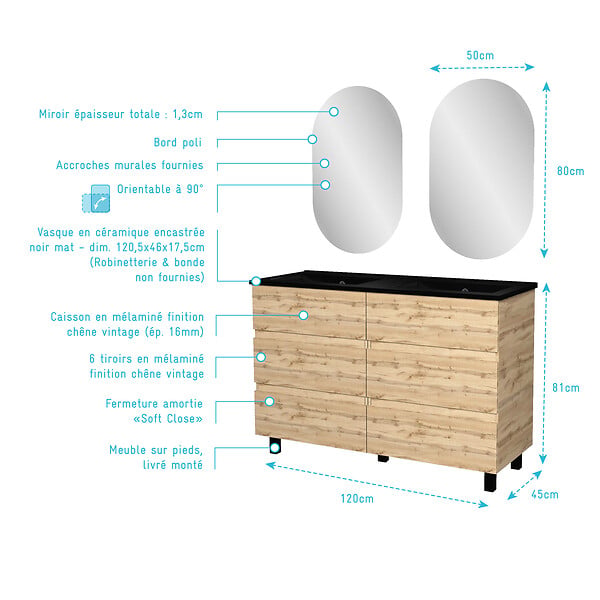 AURLANE - Meuble Salle de Bains 120cm 6 Tiroirs Chêne Naturel + Vasque Noire et Miroirs Ovales - large
