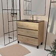 AURLANE - Meuble de salle de bains 80 cm 3 Tiroirs Chêne Naturel + Vasque Céramique Noire - TIMBER - vignette