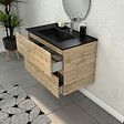 AURLANE - Meuble Salle de Bains 80cm 2 Tiroirs Chêne Naturel + Vasque Noire et Miroir Ovale - vignette