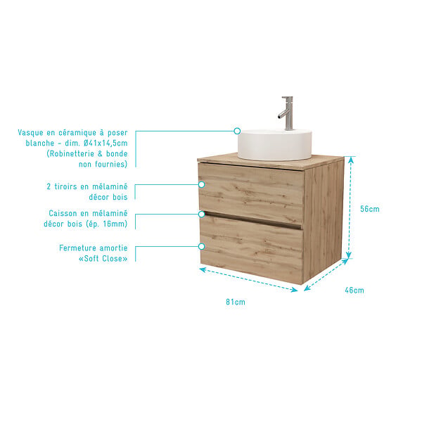 AURLANE - Meuble Salle de Bains 80cm 2 Tiroirs Chêne Naturel + Vasque Ronde Diamètre 41cm en Céramique Blanche - large