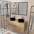 AURLANE - Meuble Salle de Bains 120cm 4 Tiroirs Chêne Naturel, 2 Vasques Noires Ø36cm et 2 Miroirs 55x75 cm - vignette