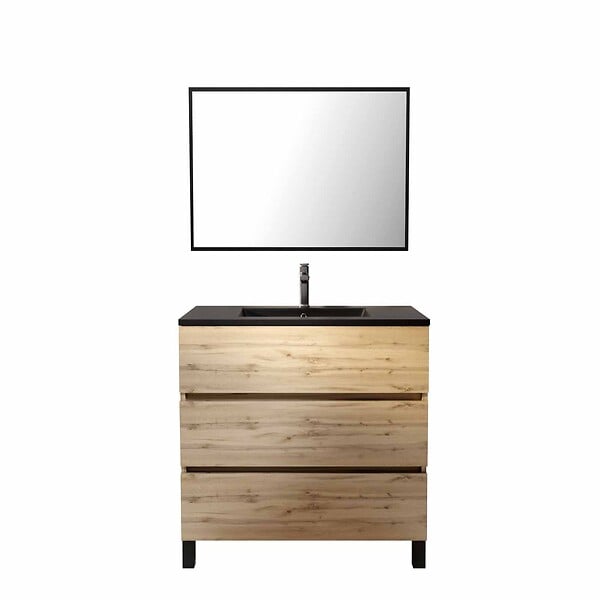 AURLANE - Meuble salle de bains 80cm décor chene naturel 3 tiroirs - Vasque noire et Miroir - TIMBER - large