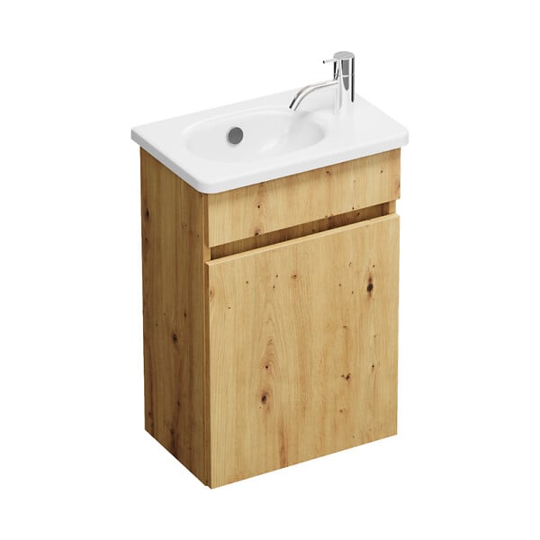 BURGBAD - Pack meuble suspendu lave-mains Joline chêne + Robinet lave-mains eau froide Duravit Wave Inox brossé - large