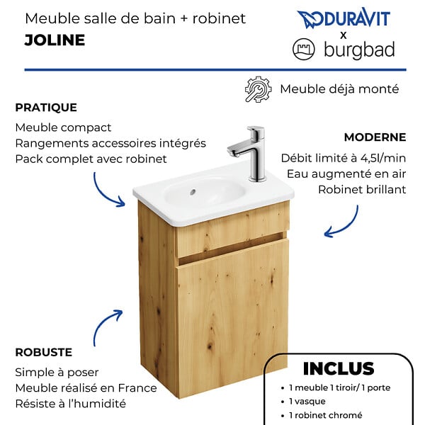 BURGBAD - Pack meuble suspendu lave-mains Joline chêne + Robinet lave-mains eau froide Duravit Wave Inox brossé - large