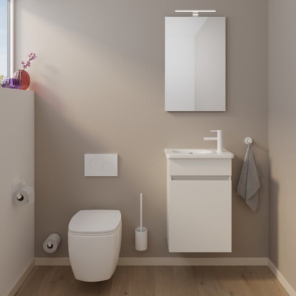 BURGBAD - Pack meuble suspendu lave-mains Joline blanc mat + Robinet lave-mains eau froide Duravit Wave Inox brossé - large