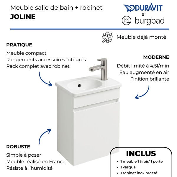 BURGBAD - Pack meuble suspendu lave-mains Joline blanc mat + Robinet lave-mains eau froide Duravit Wave Inox brossé - large