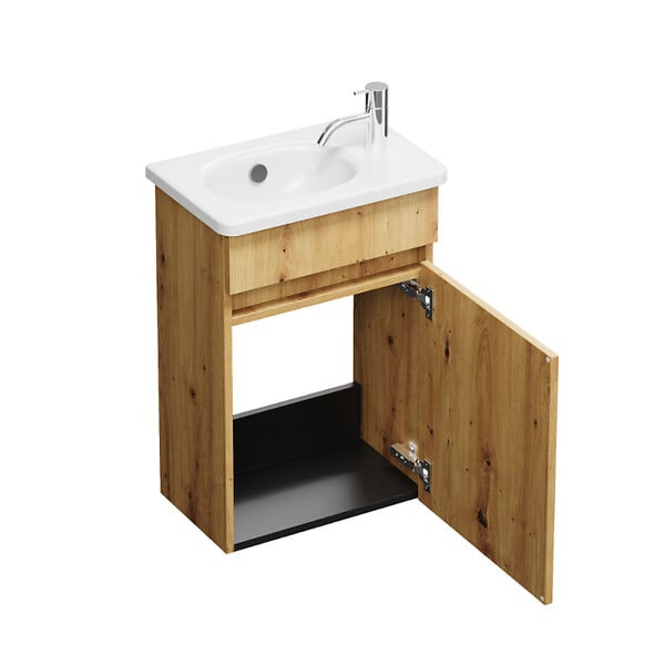 BURGBAD - Pack meuble suspendu lave-mains Joline chêne + Robinet lave-mains eau froide Duravit Wave Doré poli - large