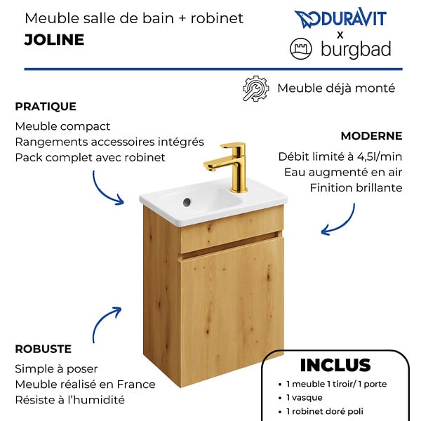 BURGBAD - Pack meuble suspendu lave-mains Joline chêne + Robinet lave-mains eau froide Duravit Wave Doré poli - large