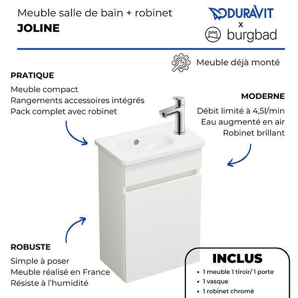 BURGBAD - Pack meuble suspendu lave-mains Joline blanc mat + Robinet lave-mains eau froide Duravit Wave Chromé brillant - large