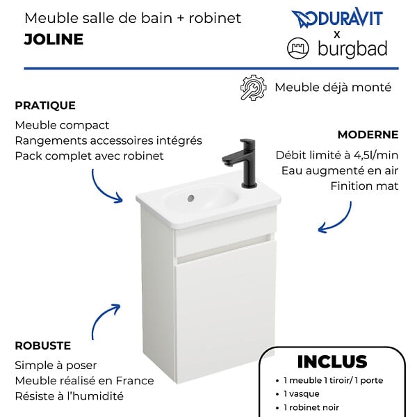 BURGBAD - Pack meuble suspendu lave-mains Joline blanc mat + Robinet lave-mains eau froide Duravit Wave noir mat - large