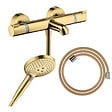 HANSGROHE - Pack mitigeur bain douche thermostatique Ecostat Comfort + Flexible Designflex + Pommeau Raindance Select 3jets doré - vignette