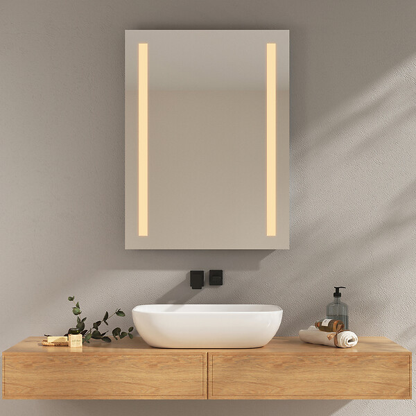 EMKE - EMKE Miroir lumineux salle de bain 60x80cm, Miroir LED avec Interrupteur à bouton, Anti-buée, Miroir avec éclairage lumière Blanche Froide/Chaude - large