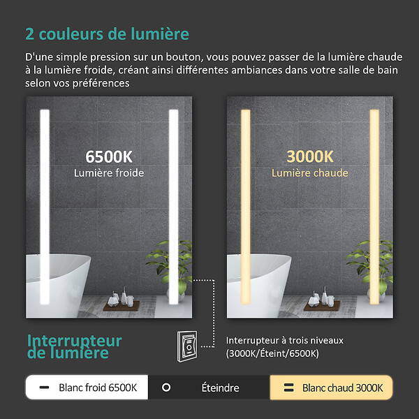 EMKE - EMKE Miroir lumineux salle de bain 60x80cm, Miroir LED avec Interrupteur à bouton, Anti-buée, Miroir avec éclairage lumière Blanche Froide/Chaude - large