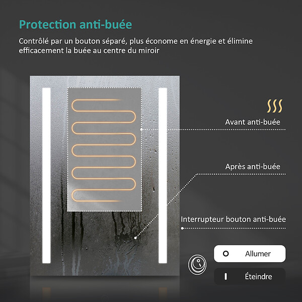 EMKE - EMKE Miroir lumineux salle de bain 45x60cm, Miroir LED avec Interrupteur à bouton, Anti-buée, Miroir avec éclairage lumière Blanche Froide/Chaude - large