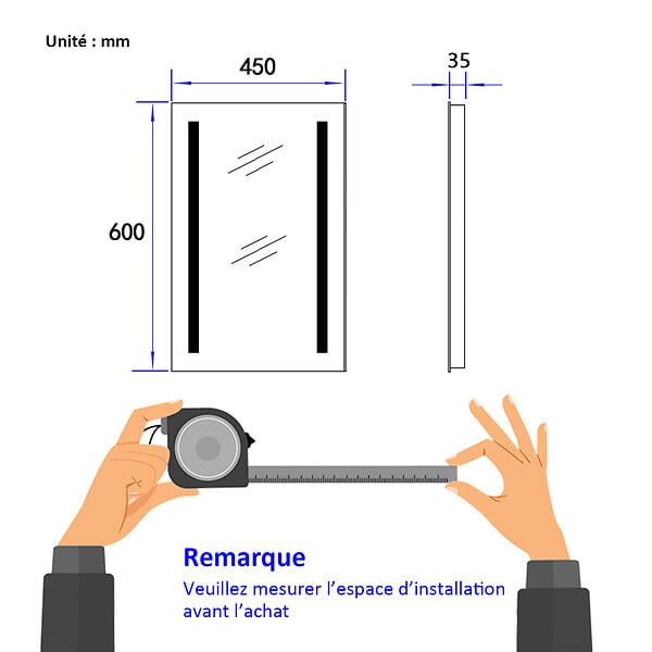 EMKE - EMKE Miroir lumineux salle de bain 45x60cm, Miroir LED avec Interrupteur à bouton, Anti-buée, Miroir avec éclairage lumière Blanche Froide/Chaude - large