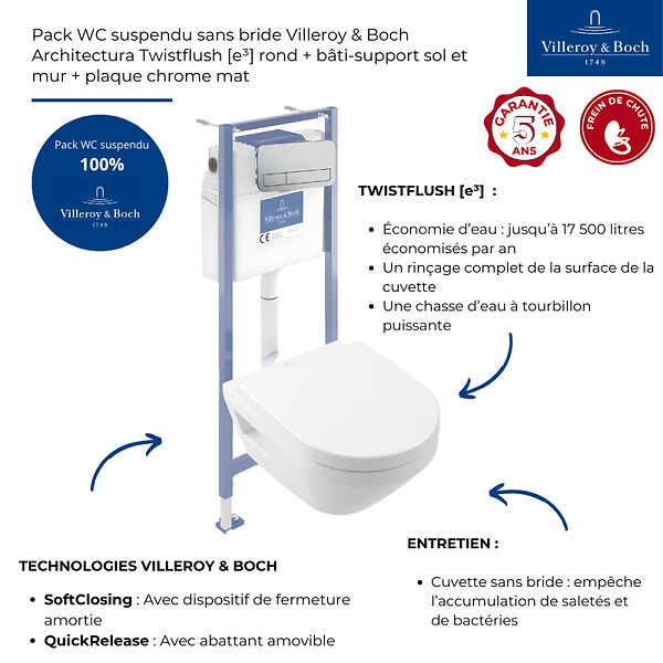 VILLEROY ET BOCH - Pack WC suspendu sans bride Architectura Twistflush [e³] rond + bâti-support sol et mur + plaque chrome mat - large